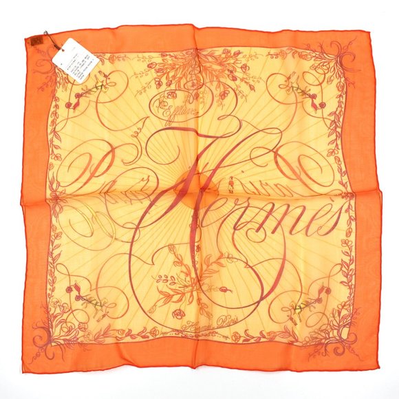 Hermes Effluves Orange Yellow Silk Scarf Scroll Horse Carriage Design Print NEW